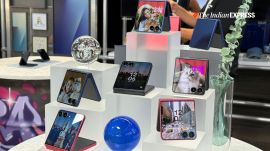 Pictured here is the Galaxy Z Flip 7 lineup in multiple colors, targeting style-conscious users with a more compact foldable design and expanded external display functionality. (Image: Anuj Bhatia/The Indian Express)