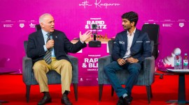 Chess legend Garry Kasparov with current world champion Gukesh before the start of the SuperUnited Rapid and Blitz Croatia 2025 in Zagreb. (PHOTO: Grand Chess Tour via Lennart Ootes)