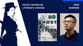 A poster with author Miles Franklin, the cover of Ghost Stories and author Siang Lu