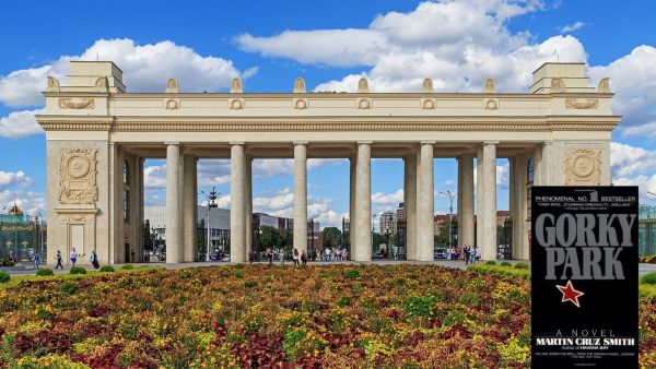 An image of the The Gorky Park in Moscow with the cover of the eponymous book, Martin Cruz Smith's Gorky Park