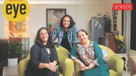 Guru Dutt’s daughter-in-law Iffat (right) with his granddaughters Karuna and Gouri, at their residence in Oshiwara, Mumbai. (Photo credit: Amit Chakravarty)