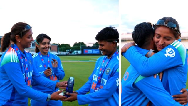 India skipper Harmanpreet Kaur shared her PoTM trophy with Kranti Gaud. (Screengrab/BCCI Video)