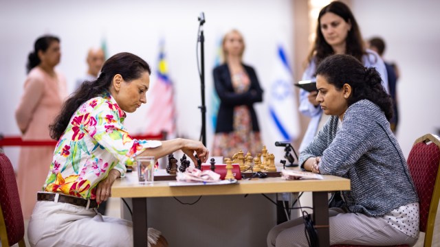 India's Koneru Humpy in action against Russian-Swiss player Alexandra Kosteniuk. (Anna Shtourman/FIDE)