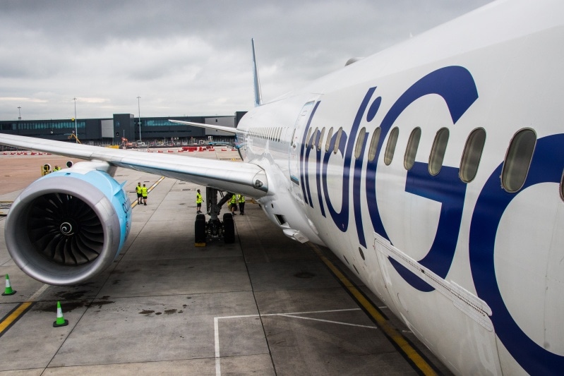 IndiGo's damp-leased Boeing 787 aircraft at the Manchester Airport