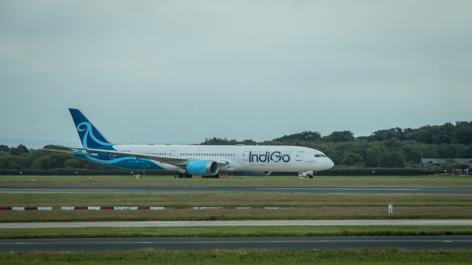 IndiGo's damp-leased Boeing 787 aircraft at the Manchester Airport