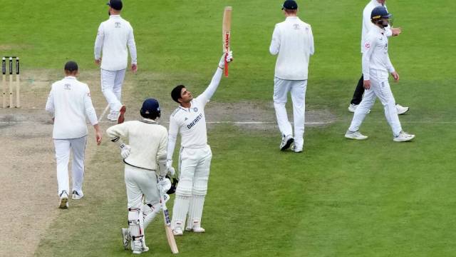 India's captain Shubman Gill celebrates after scoring a century on the final day of the fourth cricket test match between England and India at Emirates Old Trafford, Manchester, England, July 27, 2025.(AP Photo/Jon Super)