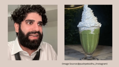 Content creator Pushpek Sidhu reacts to "saag milkshake" on Instagram. (Image source: @pushpeksidhu_/Instagram)