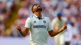 India's Mohammed Siraj celebrates the dismissal of England's Josh Tongue on day three of the second cricket test match between England and India at Edgbaston in Birmingham, England, Friday, July 4, 2025. (AP Photo)
