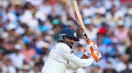 India's Ravindra Jadeja plays a shot during the fifth day of the third cricket test match between England and India at Lord's cricket ground in London, Monday, July 14, 2025. (AP Photo)
