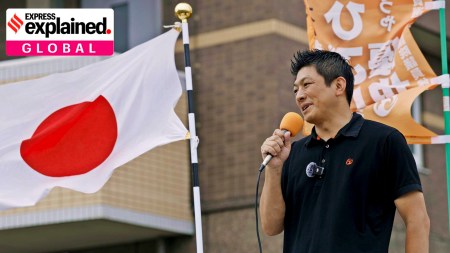 Sohei Kamiya, leader of the Sanseito party, speaks during an election campaign in Tosu, Saga prefecture, southwestern Japan, on July 12, 2025. (Kyodo News via AP)