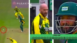 Scenes from John Hastings' 18-ball over against Pakistan in the World Championship of Legends (WCL). (Screenshots via X)