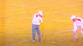 A judge gets hit on his arm by a javelin thrown from Juha Laukkanen in 1994 during the Bislet Games in Oslo, Norway. (Screengrab via YouTube)