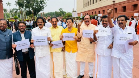 UDF MPs held a strong protest outside Parliament on Monday against the shocking arrest and harassment of Catholic nuns in Durg in Chhattisgarh