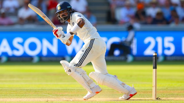 KL Rahul plays a shot during the fourth day of the third cricket test match between England and India at Lord's cricket ground in London, Sunday, July 13, 2025.(AP Photo)