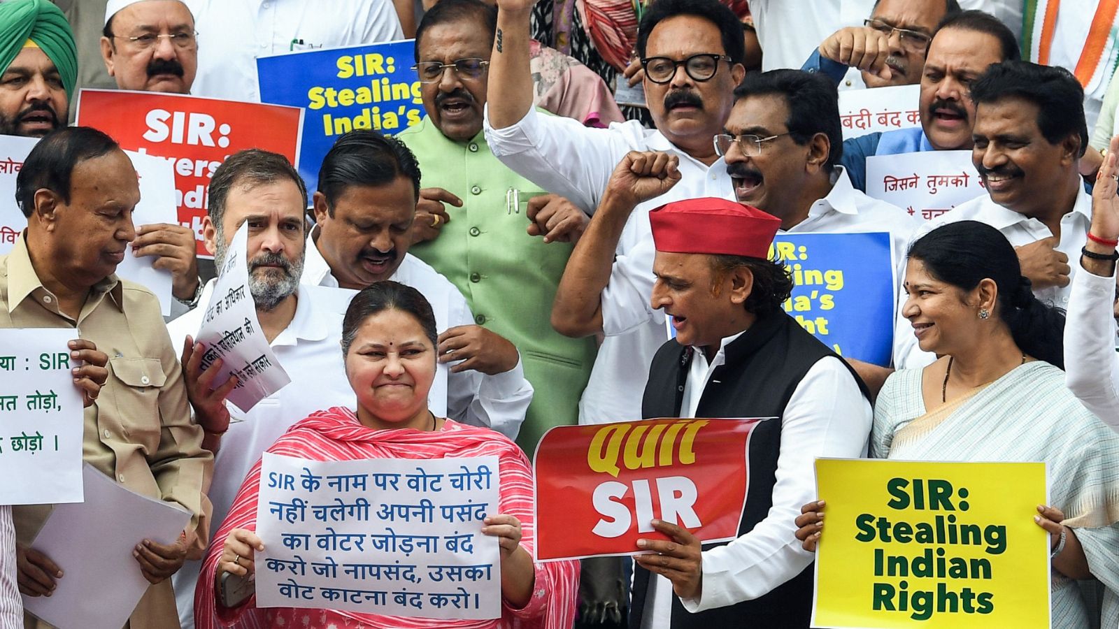 INDIA bloc MPs of the Lok Sabha protest against Special Intensive Revision exercise in Bihar, during Monsoon Session of Parliament, at Parliament premises. (ANI Photo)