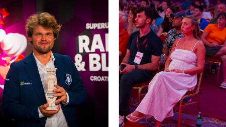 (LEFT) Magnus Carlsen holds the trophy after winning SuperUnited Rapid and Blitz Croatia 2025; (RIGHT) Ella sits in the front row to watch him play in Zagreb. (PHOTOS: Lennart Ootes via Grand Chess Tour)