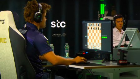 Magnus Carlsen plays against Nodirbek Abdusattorov in the Esports World Cup in Riyadh. (Screengrab via Esports World Cup YouTube)