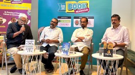 Malayalam writers Benyamin, S Hareesh and E Santhosh Kumar with writer and critic S Gopalakrishnan.