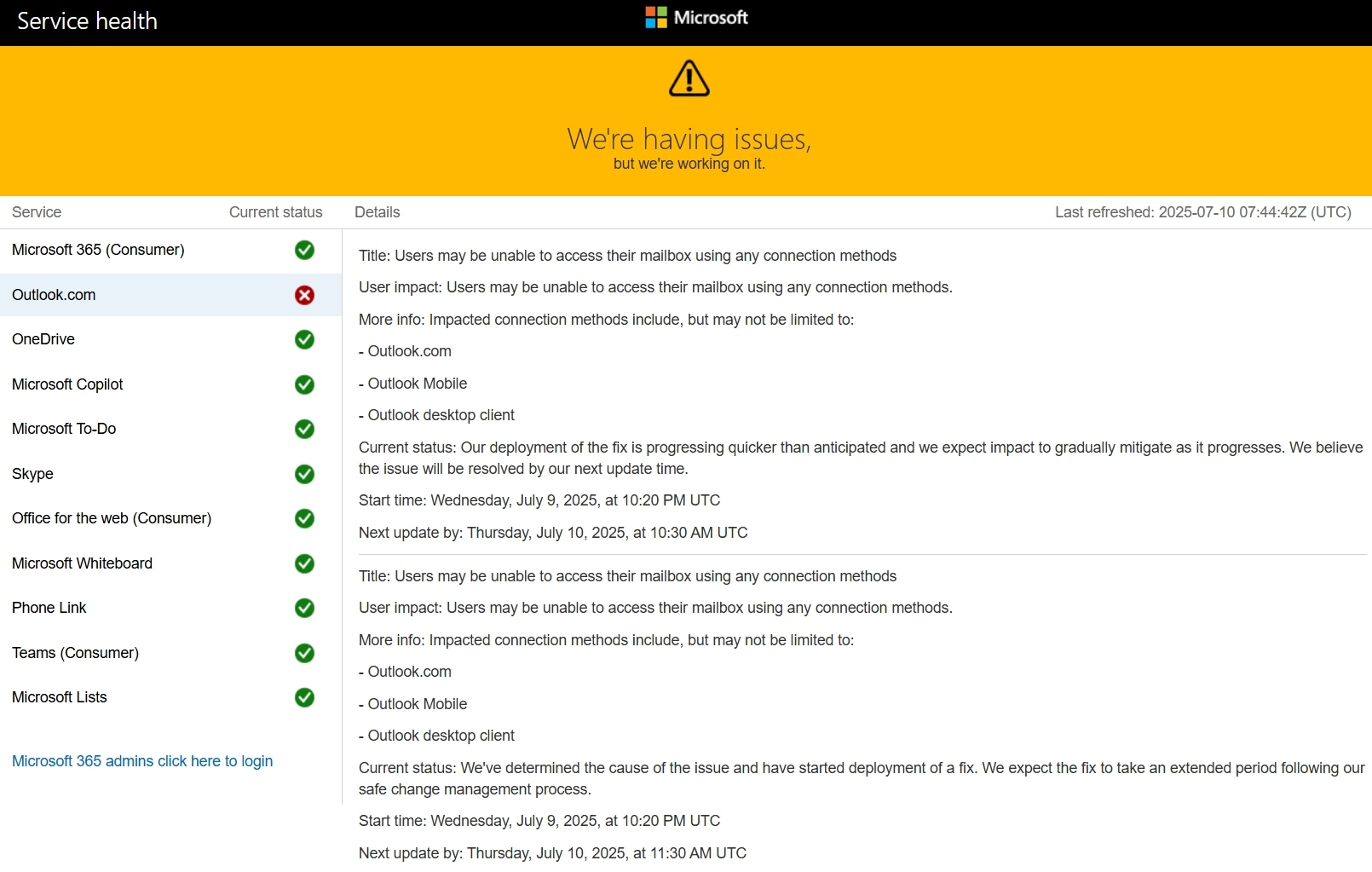 Microsoft says users might encounter an error when trying to open Outlook on any platform.