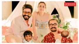 Vishnu Vishal with son Aryan, wife Jwala Gutta, Aamir Khan, and Mira.