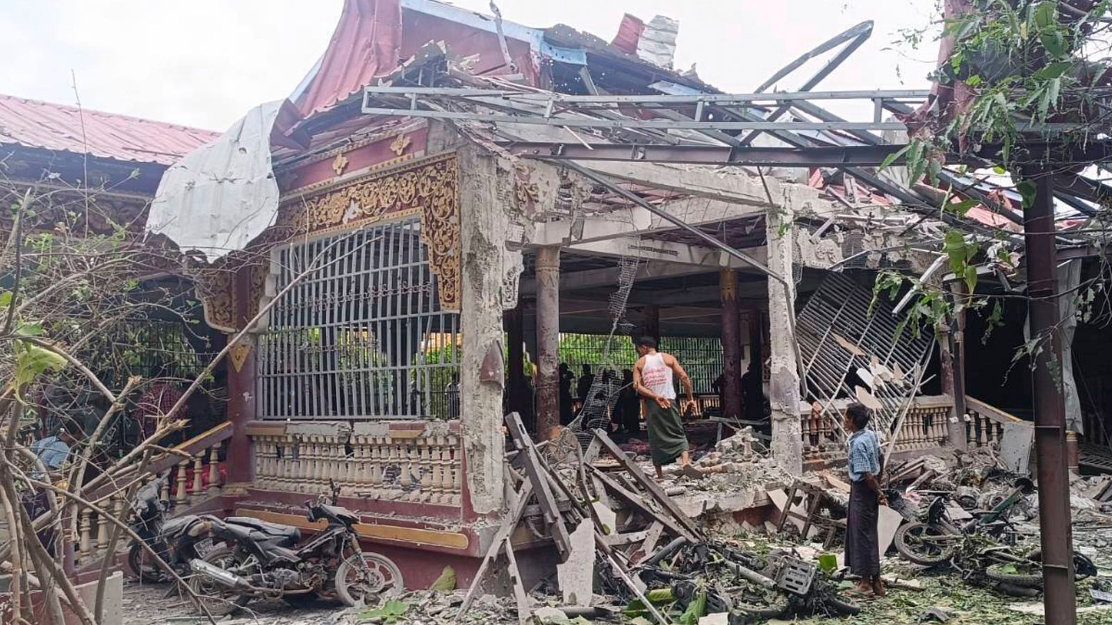 Damaged buildings at a Buddhist monastery site in Myanmar following an air strike.
