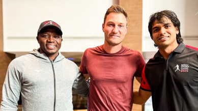 Two-time Olympic medallist Neeraj Chopra with javelin thrower Julius Yego and Rio Olympics champion Thomas Rohler in Bengaluru. (PHOTO: Neeraj Chopra Classic via X)