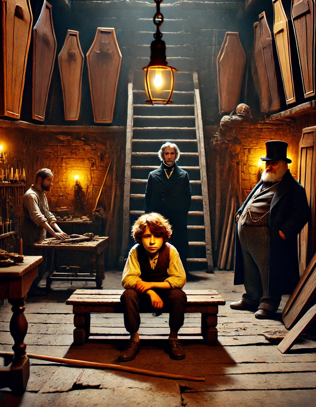 Oliver Twist in the undertaker's workshop, surrounded by coffins