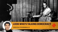 Prime Minister Indira Gandhi addressing the nation from the Doordarshan studio during Emergency. (Express archive photo August, 1975)