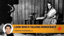Prime Minister Indira Gandhi addressing the nation from the Doordarshan studio during Emergency. (Express archive photo August, 1975)