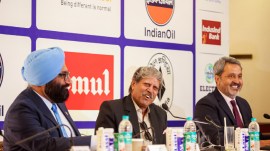 (From right) PGTI CEO Amandeep Johl, president Kapil Dev and Indian Oil chairman AS Sahney announce the second half schedule and prize money for tournaments at the Delhi Golf Club on Saturday. Credit: Praveen Khanna