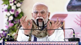 Prime Minister Narendra Modi addresses a public meeting, in Motihari on Friday.