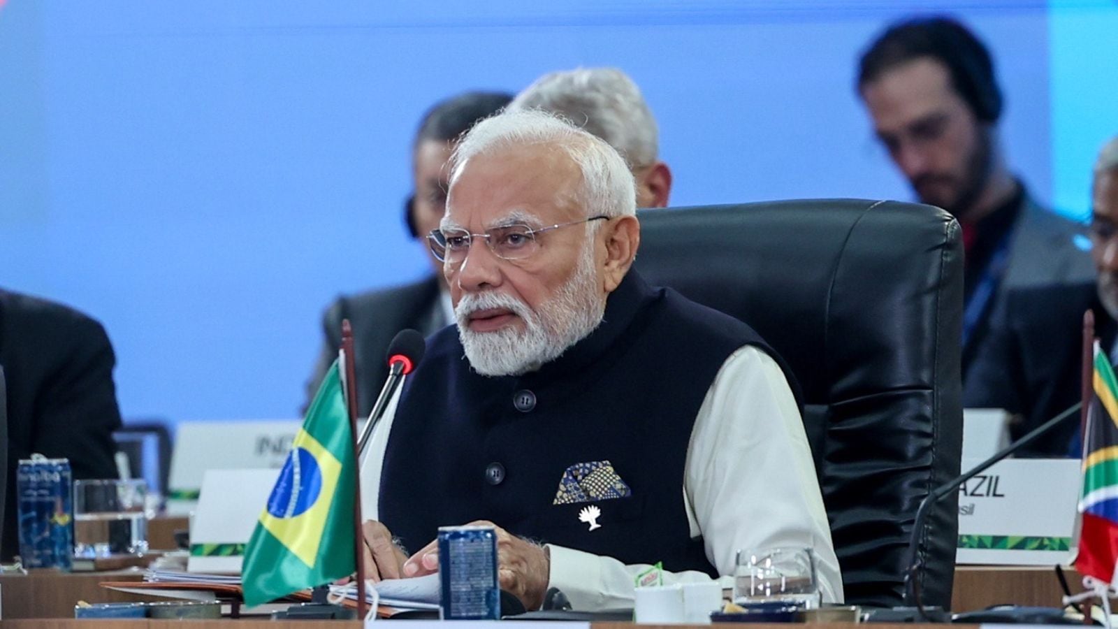In this image via PMO on July 7, 2025, Prime Minister Narendra Modi attends a session during the 17th annual BRICS Summit in Brazil.