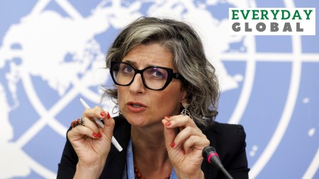 Francesca Albanese, Special Rapporteur on the situation of human rights in the Palestinian territories occupied since 1967, talks to the media.