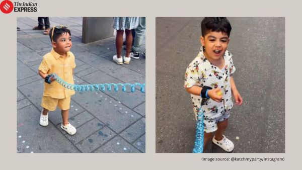 Child wearing a leash in New York City