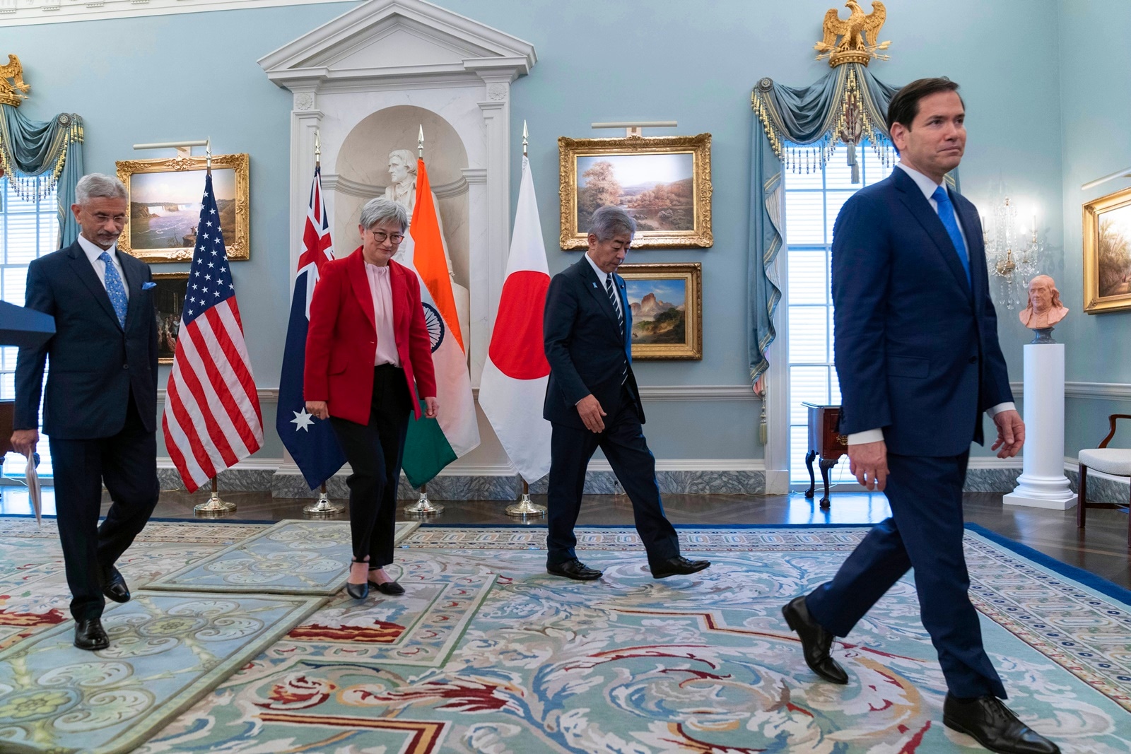 Secretary of State Marco Rubio with External Affairs Minister S Jaishankar, Australian Foreign Minister Penny Wong and Japanese Foreign Minister Iwaya Takeshi