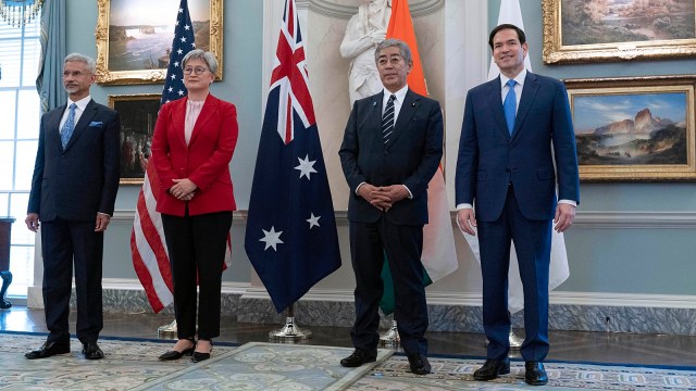 Secretary of State Marco Rubio with External Affairs Minister S Jaishankar, Australian Foreign Minister Penny Wong and Japanese Foreign Minister Iwaya Takeshi during the Indo-Pacific Quad meeting in Washington