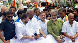 Bihar Bandh: Congress leader Rahul Gandhi with Bihar party President Rajesh Ram, RJD leader Tejashwi Yadav, CPI General Secretary D Raja, CPI (ML) Liberation General Secretary Dipankar Bhattacharya and others during a protest march in Patna on Wednesday