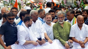 Bihar Bandh: Congress leader Rahul Gandhi with Bihar party President Rajesh Ram, RJD leader Tejashwi Yadav, CPI General Secretary D Raja, CPI (ML) Liberation General Secretary Dipankar Bhattacharya and others during a protest march in Patna on Wednesday