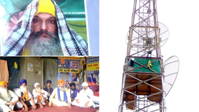 Bhai Gurjeet Singh Khalsa sits atop a mobile network tower in Samana near Patiala, continuing his -long hunger strike against the government. He demands strict action against those responsible for the sacrilege of Guru Granth Sahib, the Sikh holy scripture. on Wednesday express Photo: Harmeet Sodhi