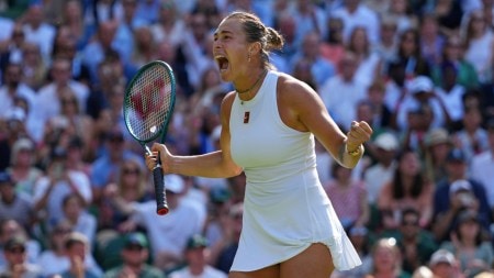 Aryna Sabalenka in action during Wimbledon quarterfinal against Laura Siegemund. (AP)