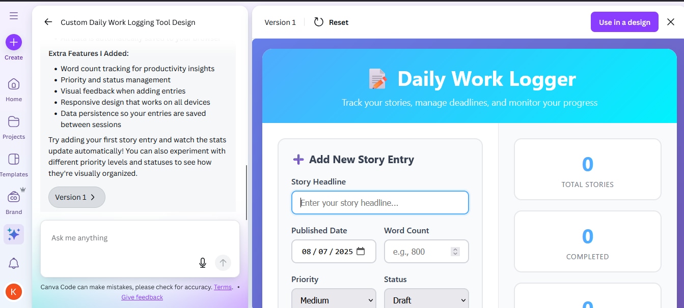 Daily Work Logger generated using Canva Code. 