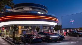 Tesla’s branding is visible throughout the diner.