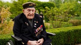 FILE - WW2 veteran Donald Rose, 110, poses for a photo at the National Memorial Arboretum, ahead of a memorial event hosted by the Royal British Legion to mark the 80th anniversary of V-E Day, in Alrewas, Staffordshire, England, Thursday, May 8, 2025. (Jacob King/PA via AP, File)