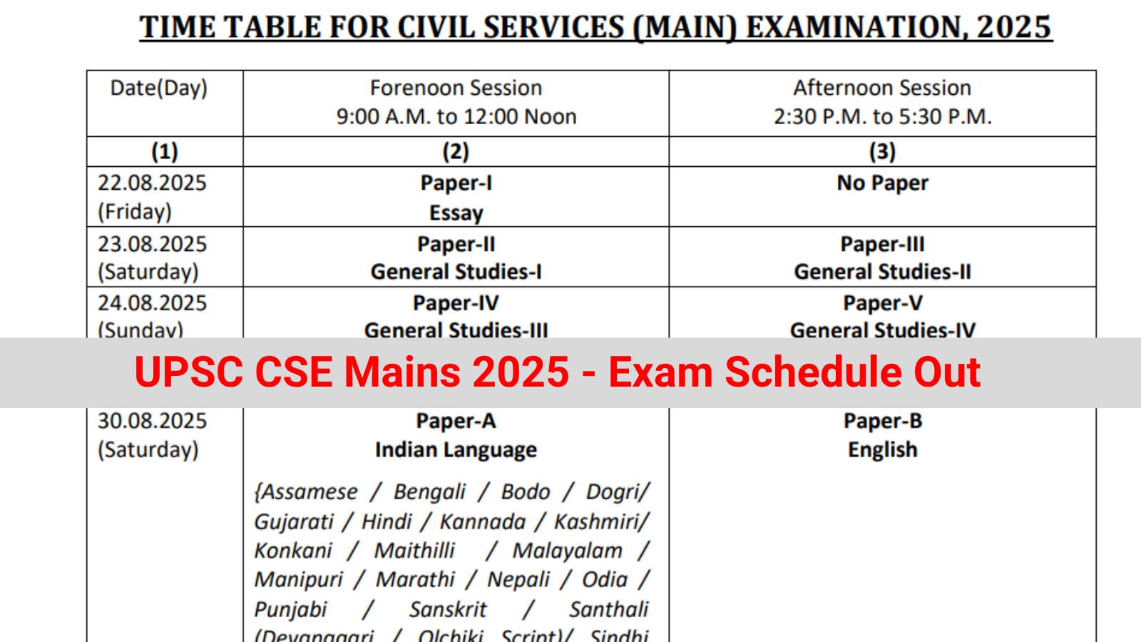 UPSC CSE 2025 Mains Exam from August 22