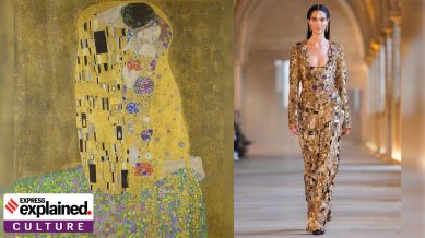 Gustav Klimt's 'The Kiss' and a model wearing Rahul Mishra's recent collection inspired by the work.
