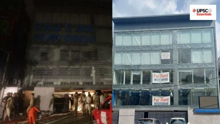 Exterior view of the Rau’s IAS Study Circle building in Old Rajinder Nagar, a year after the 2024 basement flood tragedy.