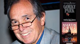 Author Martin Cruz Smith with the book covers of Gorky Park and Hotel Ukraine, the first and last installments of his iconic Arkady Renko series.