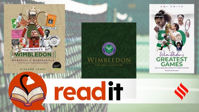 Books on Wimbledon on a tennis court