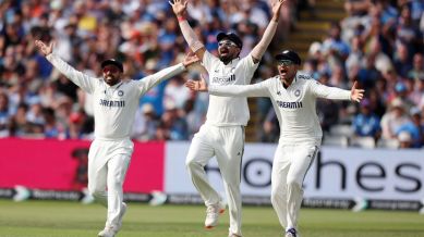 India's captain Shubman Gill, right, along with teammates appeal to the umpire during day four of the second cricket test match between England and India at Edgbaston in Birmingham, England, Saturday, July 5, 2025. (AP Photo/Scott Heppell)