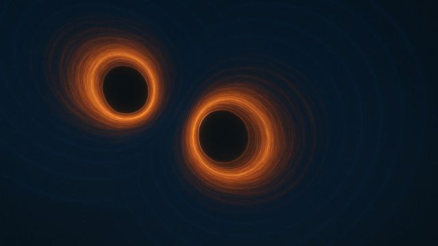 A visualisation of two massive black holes spiraling toward each other moments before merging. (AI-generated image: DALLE)
